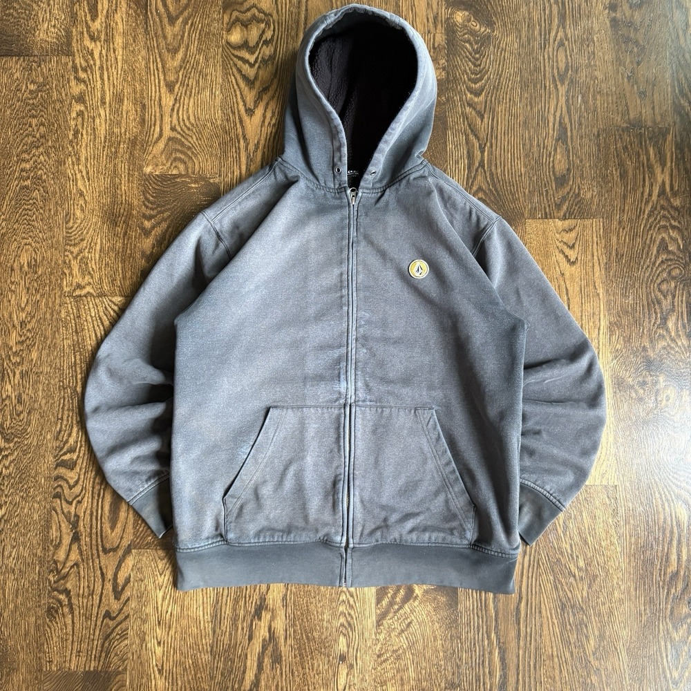Vintage Volcom Stone Zip Up Hoodie Mens M Sherpa Lined Faded Black Y2K Skater
